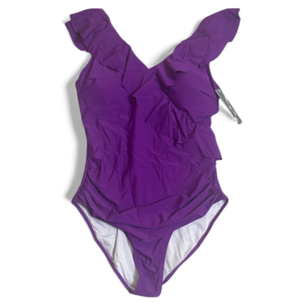 NWT Blooming Jelly Purple Ruffle One Piece Swimsuit V-Neck Front And Back L